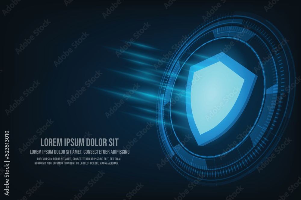 Poster vector blue shield with glowing effect. security data concept. technology on blue background.