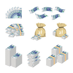 Polish Zloty Vector Illustration. Huge packs of Poland money set bundle banknotes. Bundle with cash bills. Deposit, wealth, accumulation and inheritance. Falling money 50 PLN