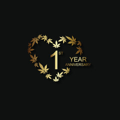 1st anniversary logo in gold color with marijuana leaves  isolated on black background, vector design for greeting card and invitation card.