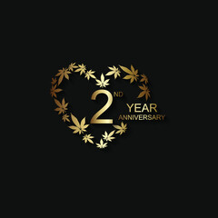 2nd anniversary logo in gold color with marijuana leaves  isolated on black background, vector design for greeting card and invitation card.
