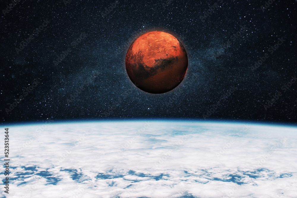 Poster beautiful blue planet earth with clouds in stellar space with the amazing red planet mars. space wal