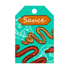 Designs with burger. Sliced ingredients, sauce and fried egg on colorful background. Unhealthy meal and nutrition concept. Template for greeting label or invitation card