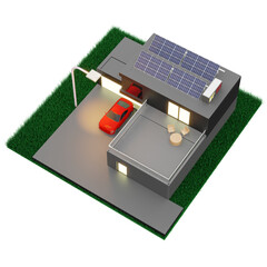 House roof with solar panels Smart home power system solar cells energy saving homes solar energy 3d illustration