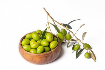 Fresh green olives on the white background