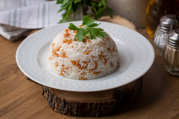 Traditional delicious Turkish food; Turkish style rice pilaf (Turkish name; Arpa sehriyeli pirinc pilavi)