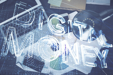 Blockchain theme hologram drawings over computer on the desktop background. Top view. Double exposure.