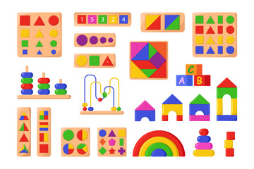 Different Montessori toys for infants vector illustrations set. Geometric toys from wood for babies in kindergarten, puzzles and block sorters on white background. Education, childhood concept