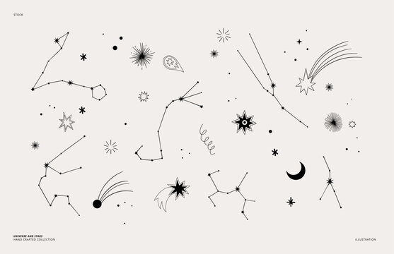 Modern hand drawn vector illustration of constellations, planet, star, sun, comet. Mystical astrology. Universe line drawings. Solar system. Starry sky. Perfect for tarot, tattoo, cards, articles