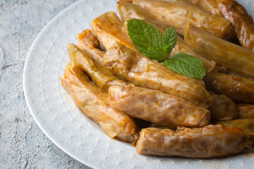 Lahana Sarma, Turkish traditional food,a boiled cabbage leaf that is formed into a roll with a stuffing of rice