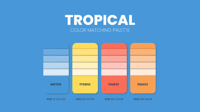 Tropical color guide book cards samples. Color theme palettes or color schemes collection. Colour combinations in RGB or HEX. Set of trend color swatch cataloque inspiration for fashion or design.