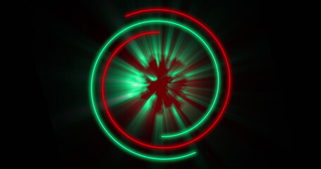 Image of glowing red and green circles over black background