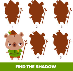 Shadow matching game. Kids activity with cartoon bear. Find silhouette teaching page for toddlers