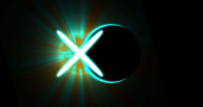 Image of glowing cross and green eclipse circle over black background