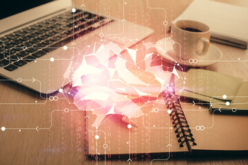 Double exposure of brain drawing and desktop with coffee and items on table background. Concept of research.