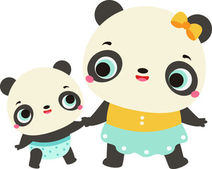 Cute panda bears mother and baby. Cartoon animal family characters for kids and children
