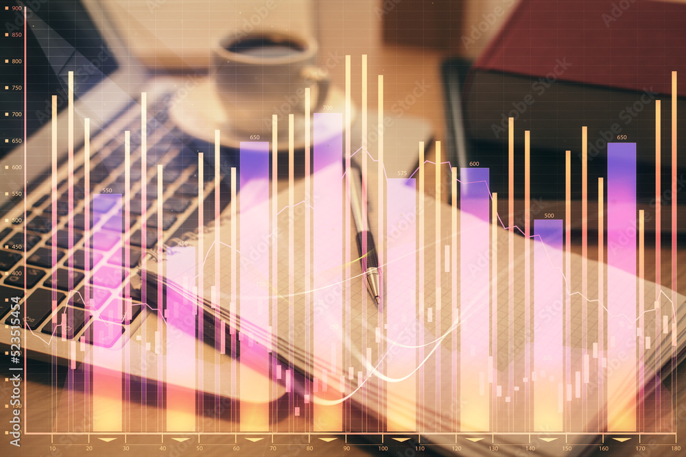 Poster double exposure of forex chart drawing and desktop with coffee and items on table background. concep