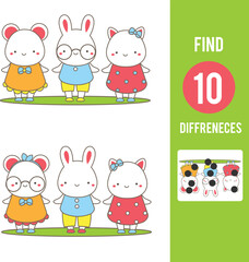 Find the differences educational game. Kids activity with funny cartoon animals characters