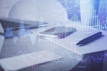 Double exposure of forex graph drawing and cell phone background. Concept of financial data analysis