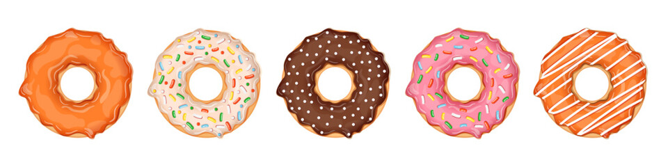 Set of donuts isolated on white background. Collection of vector illustrations of donuts with different toppings and flavors. Sweet pastry.