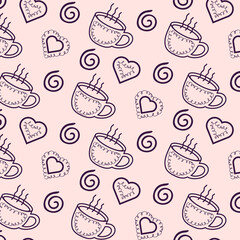 Seamless pattern with coffee cup and hearts. Doodle style. Stock seamless pattern vector illustration.