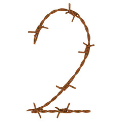 Number 2 made of twisted rusty barbed wire, isolated on white, 3d rendering