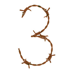 Number 3 made of twisted rusty barbed wire, isolated on white, 3d rendering