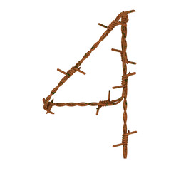 Number 4 made of twisted rusty barbed wire, isolated on white, 3d rendering