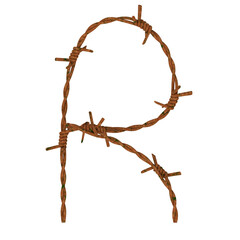 Letter R made of twisted rusty barbed wire, isolated on white, 3d rendering