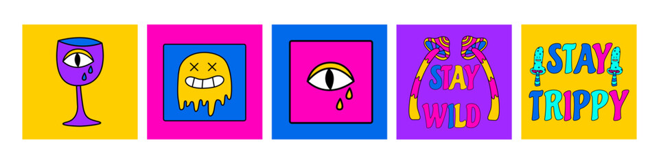 Psychedelic vector illustrations set. 1970 vibe prints. Hallucination illustrations. Doodle vector art