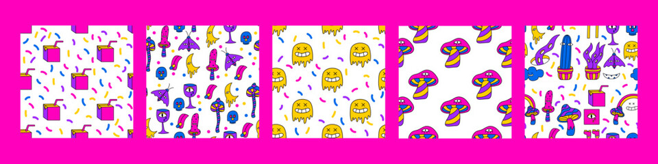 Psychedelic seamless patterns set. 1970 vibe. Hallucination patterns. Doodle vector backgrounds. Color acid patterns for textile 