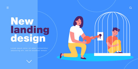 Woman opening locked cage with key to help child. Boy sitting in depression and anxiety flat vector illustration. Domestic violence, support concept for banner, website design or landing web page