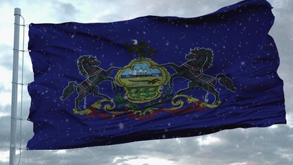 Pennsylvania winter flag with snowflakes background. United States of America. 3d illustration