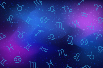 The twelve signs of the zodiac are randomly placed against the background of the cosmos