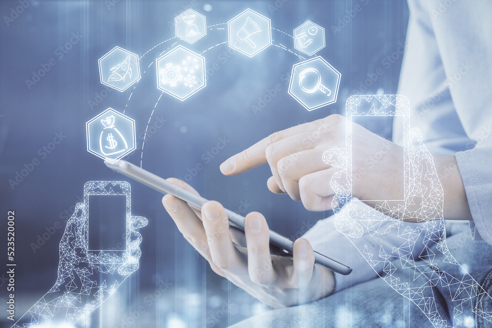 Poster Double exposure of man's hands holding and using a digital device and tech theme hologram drawing. Technology concept.