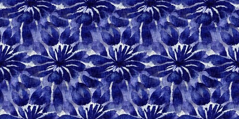 Summer indigo bandana dyed motif seamless border pattern. Fashion endless trim ribbon edge for beach wear. Masculine shirt tie dye effect. Repeat woven textile banner.