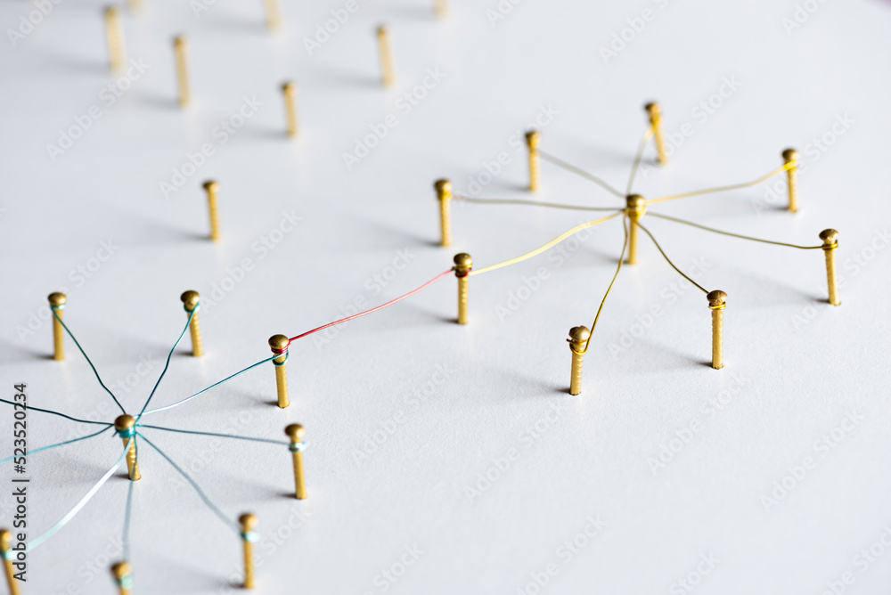 Poster abstract web line connection of color yarn from nail node to node on white background , networking c