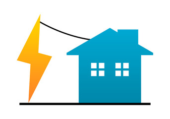 Yellow bolt voltage power electric pole transmit electricity to blue building house on white background flat vector black icon design.