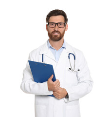 Doctor with stethoscope and clipboard on white background