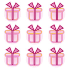 Set of pink neon gift boxes with very peri bow. Beautiful creative pattern of colored gift boxes on white background. Birthday concept. Christmas gift pattern.