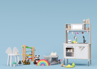Children's toys on blue background with copy space. Multicolored wooden and plush toys for toddler or baby. Play kitchen with wooden dishes. Empty space for your text, advertising, 3d rendering.