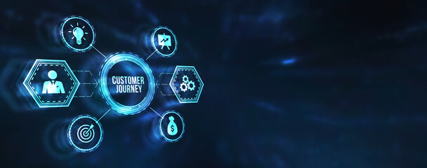 Internet, business, Technology and network concept. Inscription Customer journey on the virtual display. 3d illustration.