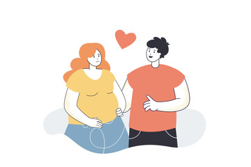 Pregnant wife and husband standing with heart above heads. Man and woman expecting baby flat vector illustration. Pregnancy, family, love concept for banner, website design or landing web page