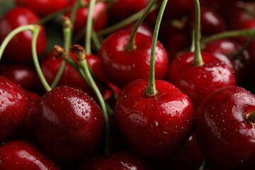 Ripe sweet cherries with water drops as background, closeup