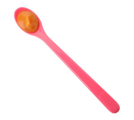 Spoon of tasty pureed baby food isolated on white, top view