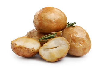 Many tasty baked potatoes on white background