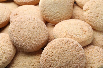 Tasty sugar cookies as background, closeup view