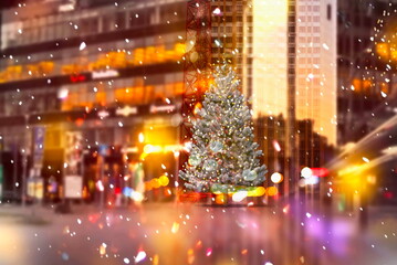  Christmas tree on business centre square  city market place  green  tree   illumination modern buildings snow flakes winter festive holiday background