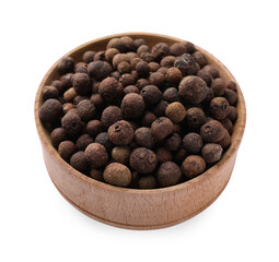 Wooden bowl of allspice grains on white background