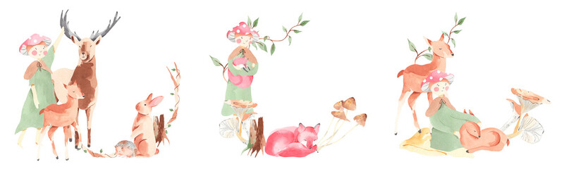 Woodland Elves watercolor templates illustrations for nursery and baby shower with mushroom, bear, owl, hedgehog, elf