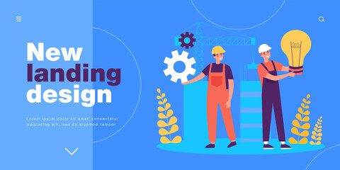 Innovation and new projects from tiny construction workers. Male characters holding gear and light bulb flat vector illustration. Development concept for banner, website design or landing web page